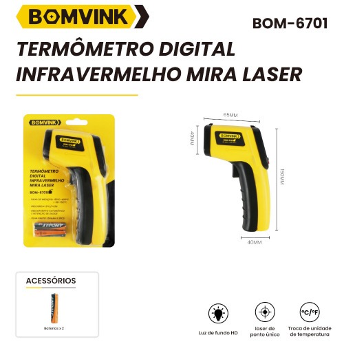 Termômetro infravermelho com mira laser - BOM-6701 Termômetro infravermelho com mira laser - BOM-6701
