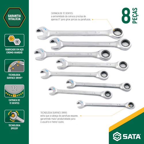 Jogo de chave combinada com catraca 5/16