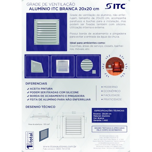 Grade de ventilação em alumínio branca quadrada 20 x 20 cm Grade de ventilação em alumínio branca quadrada 20 x 20 cm