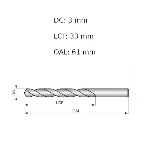 Broca de aço rápido para metal 3,0 mm DIN 338 - A1143.0B Broca de aço rápido para metal 3,0 mm DIN 338 - A1143.0B