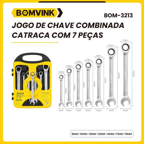 Jogo de chave combinada com catraca 8 a 19 mm com 7 pe�as - BOM-3213