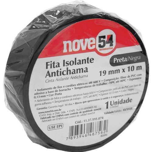 Fita isolante antichama preta 19 mm x 10 m