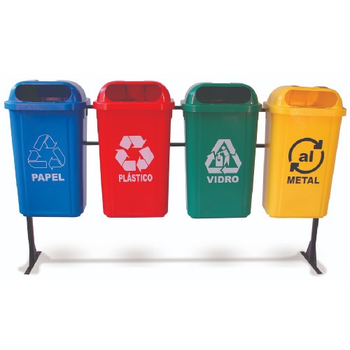 Kit com 4 lixeiras de 50L para coleta seletiva com suporte metálico Kit com 4 lixeiras de 50L para coleta seletiva com suporte metálico