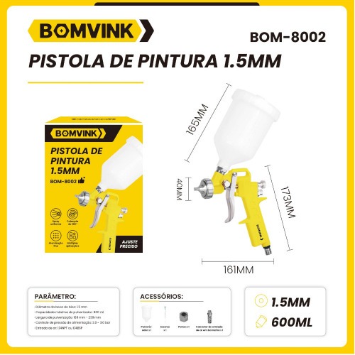 Pistola de pintura tipo gravidade com bico 1,5 mm - BOM-8002 Pistola de pintura tipo gravidade com bico 1,5 mm - BOM-8002