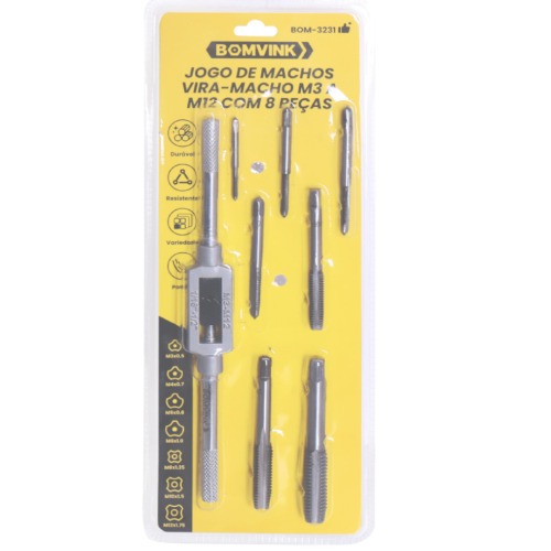 Jogo de macho manual M3 a M12 com vira macho 8 peças - BOM-3231 Jogo de macho manual M3 a M12 com vira macho 8 peças - BOM-3231