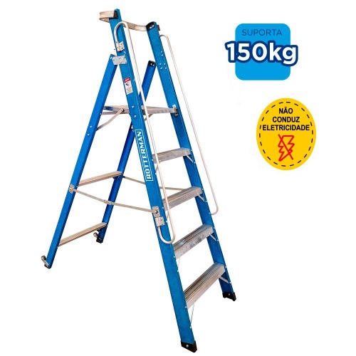 Escada plataforma fibra de vidro 4 degraus 1,5 m com rodas e corrimão - PAF150 Escada plataforma fibra de vidro 4 degraus 1,5 m com rodas e corrimão - PAF150