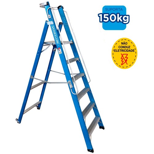 Escada plataforma fibra de vidro 5 degraus 1,80 m com rodas e corrimão - PAF180 Escada plataforma fibra de vidro 5 degraus 1,80 m com rodas e corrimão - PAF180