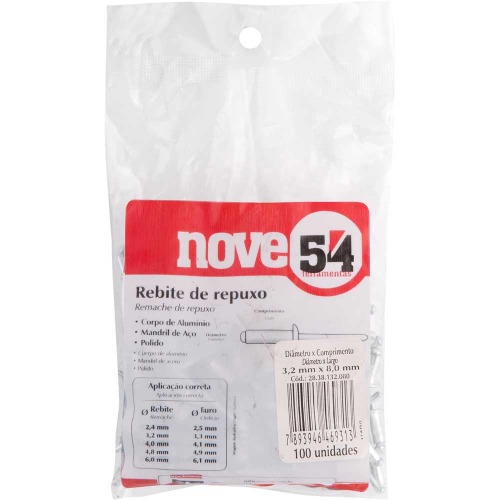 Rebite de repuxo em alum�nio 3,2 mm x 8 mm com 100 pe�as