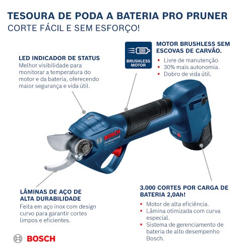 Tesoura para poda bateria 12V Brushless com 2 baterias e maleta - Pro Pruner  110V/220V