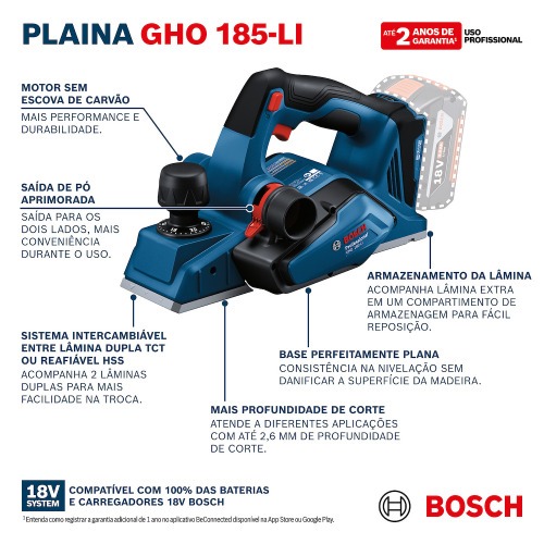 Plaina a bateria 18V Brushless corte por passada 2,6 mm Sem Bateria - GHO 185-LI Plaina a bateria 18V Brushless corte por passada 2,6 mm Sem Bateria - GHO 185-LI
