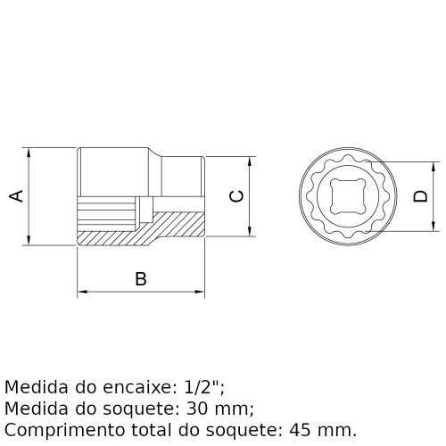 Soquete estriado 30 mm encaixe 1/2