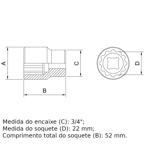 Soquete estriado 22 mm encaixe 3/4