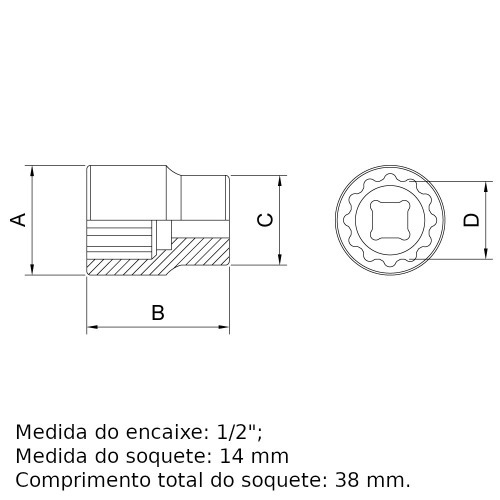 Soquete estriado 14 mm encaixe 1/2
