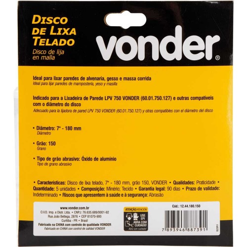 Disco de lixa telado 180 mm gr�o 150 com 5 pe�as