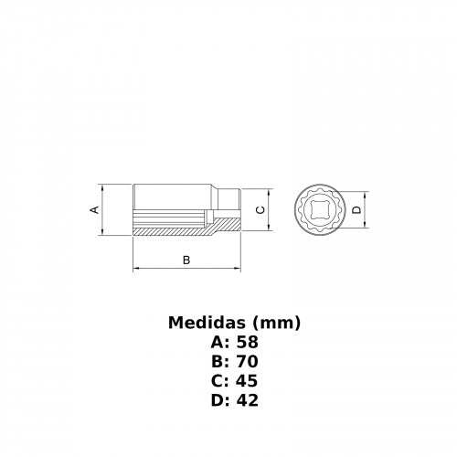Soquete estriado 42 mm encaixe 3/4