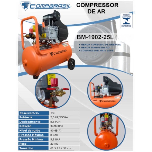 Compressor de ar 8,6 pés 25L 2hp 120 lbs monofásico - BM1902-25L 220V Compressor de ar 8,6 pés 25L 2hp 120 lbs monofásico - BM1902-25L 220V