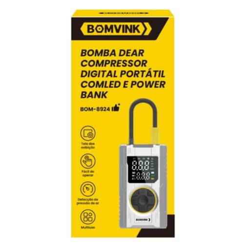 Mini Compressor de Ar portátil digital 150 PSI com LED e Power Bank - BOM-8924 Mini Compressor de Ar portátil digital 150 PSI com LED e Power Bank - BOM-8924