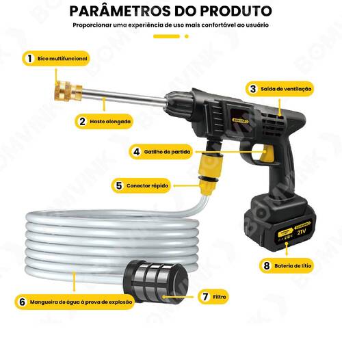 Lavadora de alta press�o a bateria 21V com 2 baterias e acess�rios - BOM-7001  110V/220V