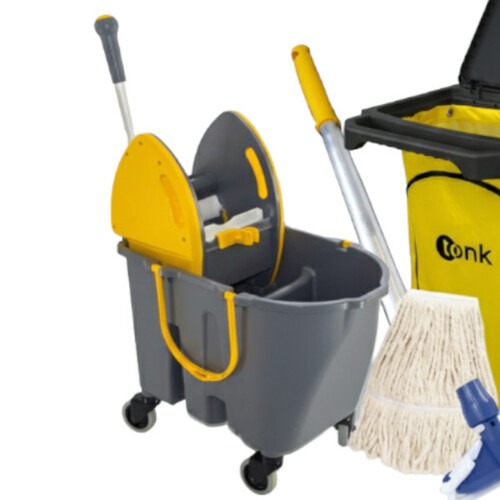 Kit para limpeza profissional preto e amarelo e balde Due cinza com 6 pe�as - Pratic