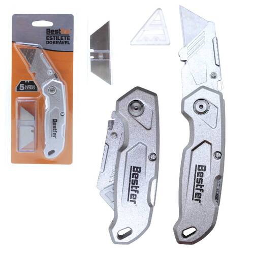 Estilete trapezoidal dobrável em alumínio com 5 lâminas extras - BFH3044 Estilete trapezoidal dobrável em alumínio com 5 lâminas extras - BFH3044