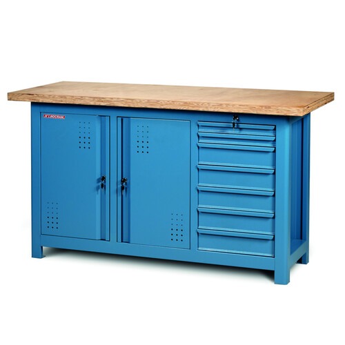 Bancada fechada com 7 gavetas e 3 portas tampo em pinus - NB-20 Bancada fechada com 7 gavetas e 3 portas tampo em pinus - NB-20