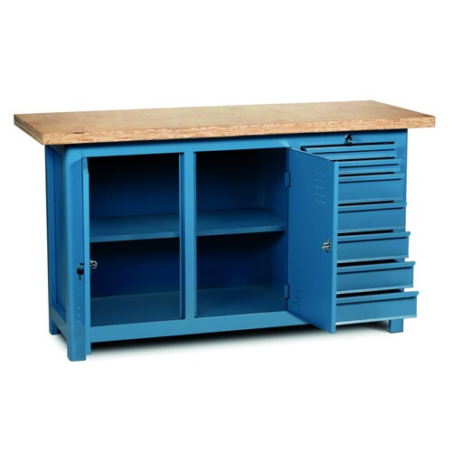 Bancada fechada com 7 gavetas e 3 portas tampo em pinus - NB-20 Bancada fechada com 7 gavetas e 3 portas tampo em pinus - NB-20