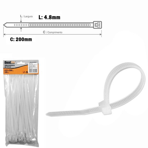 Abraçadeira de nylon 4,80 mm x 20 cm 100 peças - BFH0311 Abraçadeira de nylon 4,80 mm x 20 cm 100 peças - BFH0311