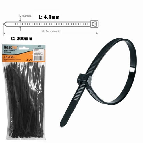 Abraçadeira de nylon 4,80 mm x 20 cm 100 peças - BFH0312 Abraçadeira de nylon 4,80 mm x 20 cm 100 peças - BFH0312