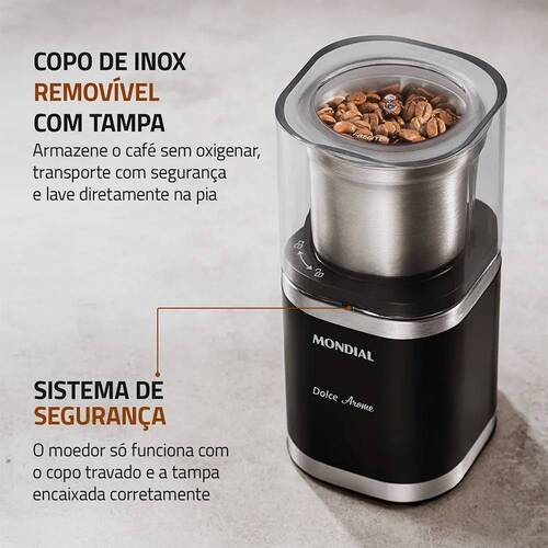 Moedor de caf� e gr�os el�trico 180W em a�o inox Dolce Arome - MCF-01-BI  110V