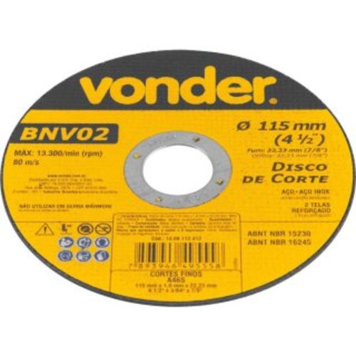 Disco de corte para metal e inox 115 x 1,0 x 22,23 mm - BNV 02 Disco de corte para metal e inox 115 x 1,0 x 22,23 mm - BNV 02