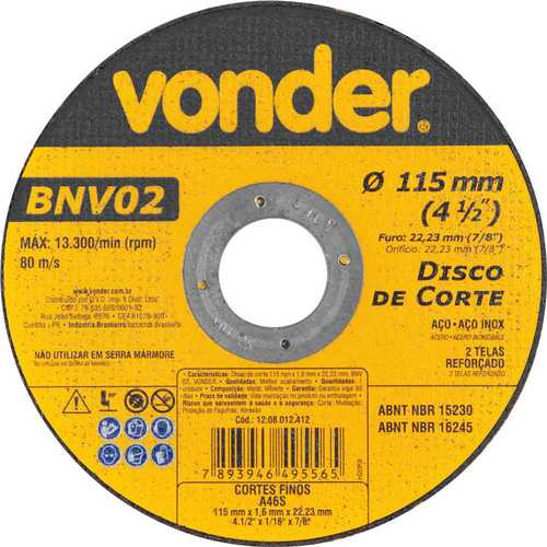Disco de corte 115 x 1,6 x 22,23 mm - BNV 02 Disco de corte 115 x 1,6 x 22,23 mm - BNV 02