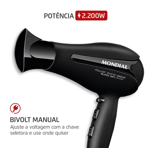 Secador de cabelo 2200 watts Power Shine Black Ion bivolt - SC-13-BI  110V/220V