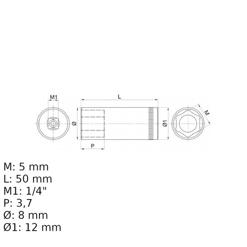 Soquete sextavado longo 5 mm encaixe 1/4