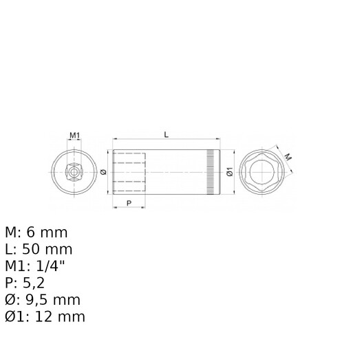 Soquete sextavado longo 6 mm encaixe 1/4
