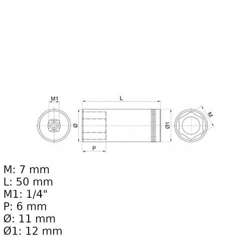 Soquete sextavado longo 7 mm encaixe 1/4