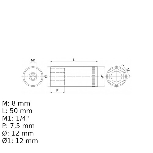 Soquete sextavado longo 8 mm encaixe 1/4
