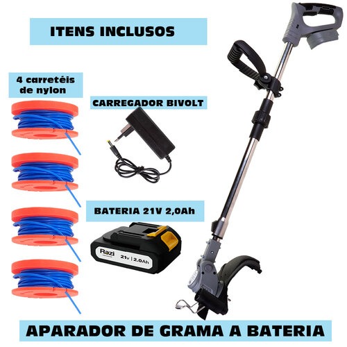 Aparador de grama a bateria 21V com 4 carreteis de nylon 30251 - RZ-AGB21 110V/220V Aparador de grama a bateria 21V com 4 carreteis de nylon 30251 - RZ-AGB21 110V/220V