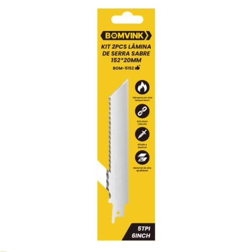 Lâmina serra sabre 152 mm 5 dentes 2 peças - BOM-5152 Lâmina serra sabre 152 mm 5 dentes 2 peças - BOM-5152