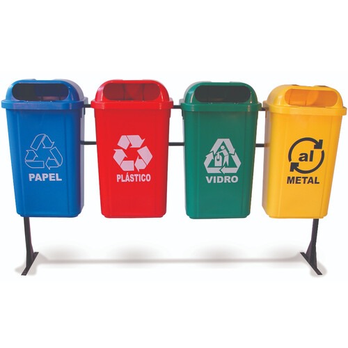 Kit 4 lixeiras 50L para coleta seletiva com trave metálica e suporte plástico - KTLX50PL Kit 4 lixeiras 50L para coleta seletiva com trave metálica e suporte plástico - KTLX50PL