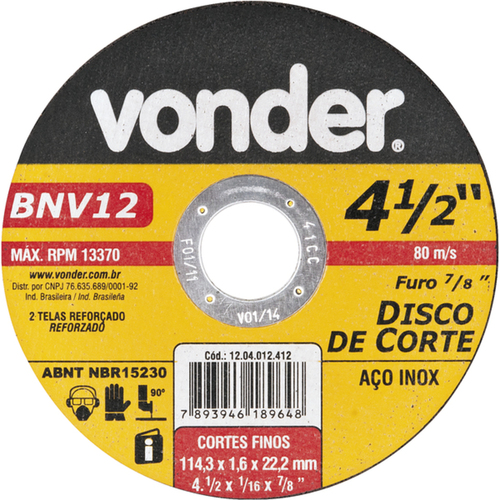 Disco de corte para metal e inox 115  x 1,6 x 22,23 mm - BNV12 